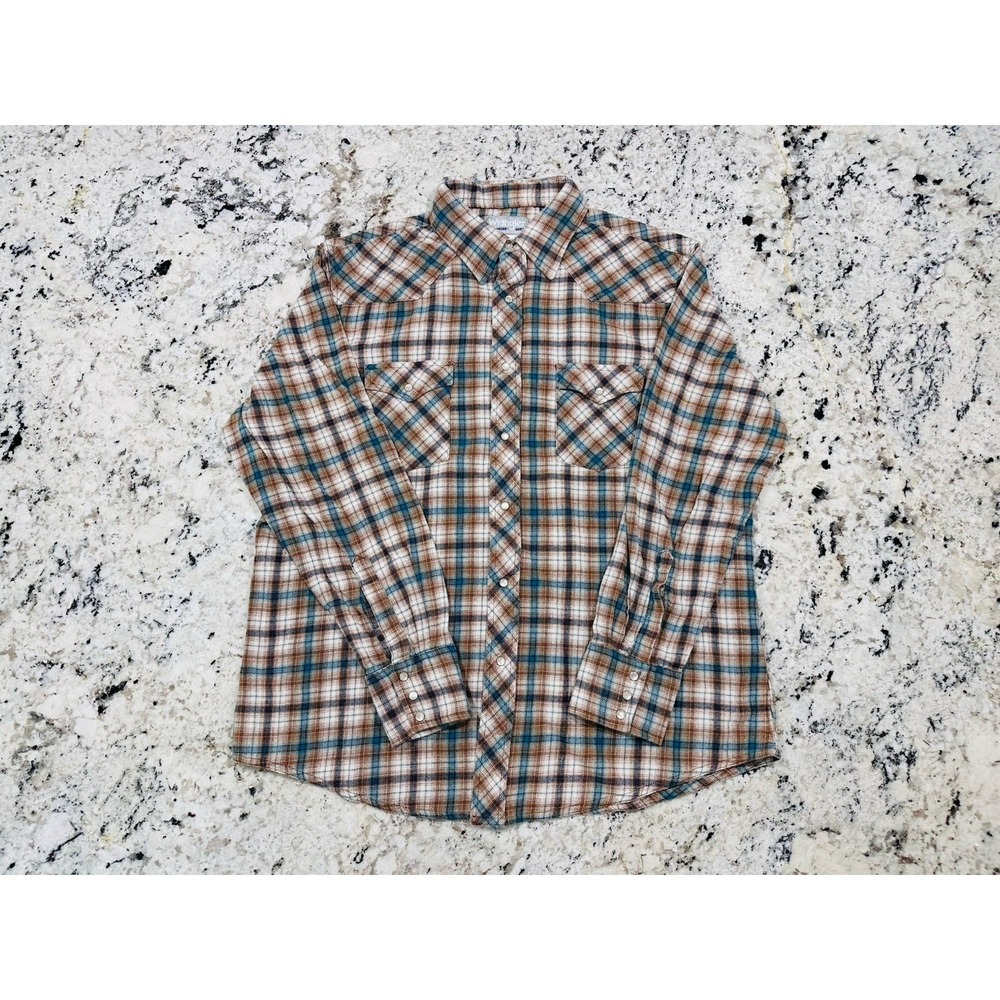 NWOT Wrangler Western Pearl Snap Flannel‎ Shirt Men's XL Brown Blue Plaid - Picture 6 of 11